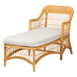 bali & pari Bruno Natural Rattan Chaise Lounge Chair with Cushion - Handwoven Wicker Accent Lounger with Rounded Backrest and Arms for Living Room, Bedroom or Sunroom